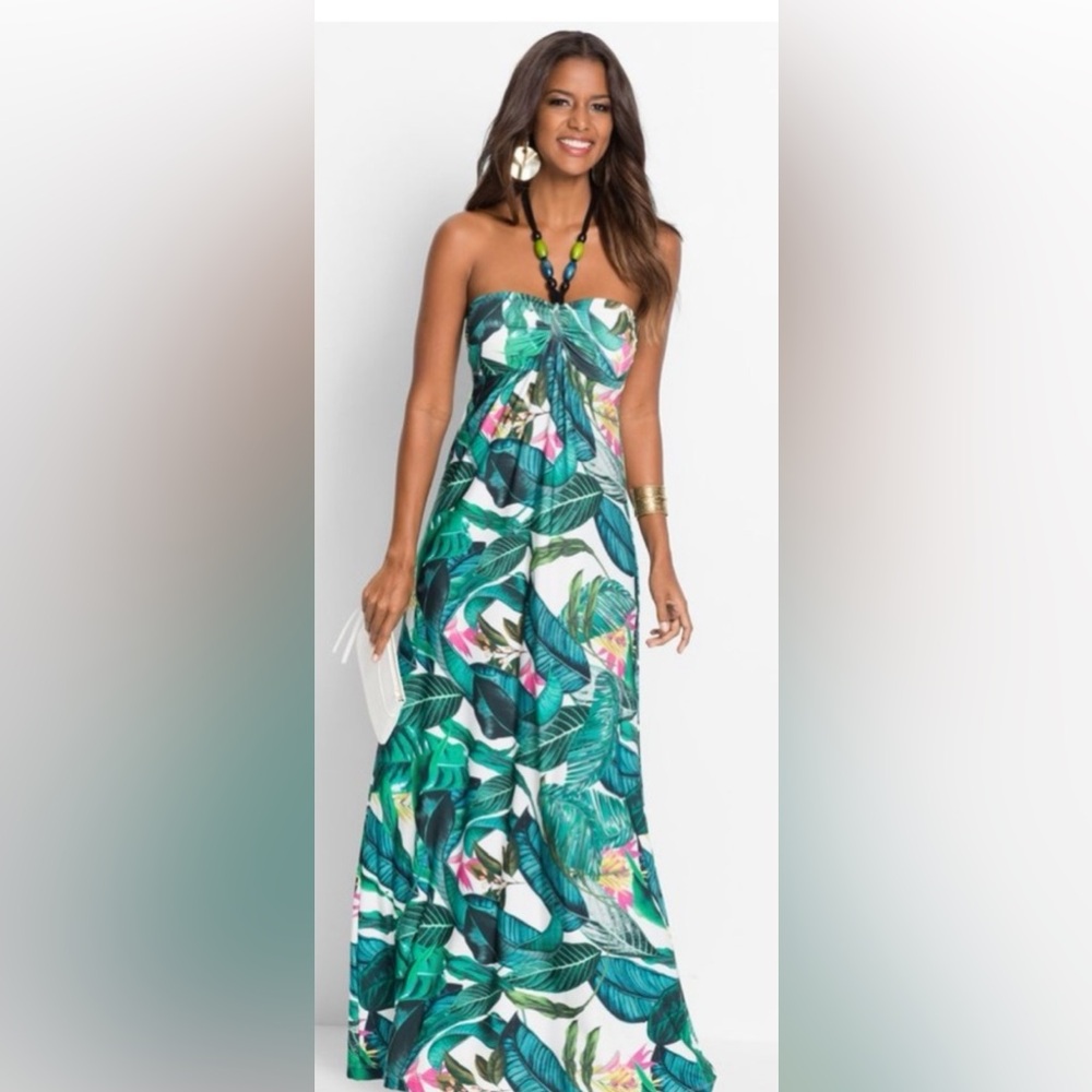 VENUS Tropical Green and White Strapless Maxi Dress - Picture 3 of 3